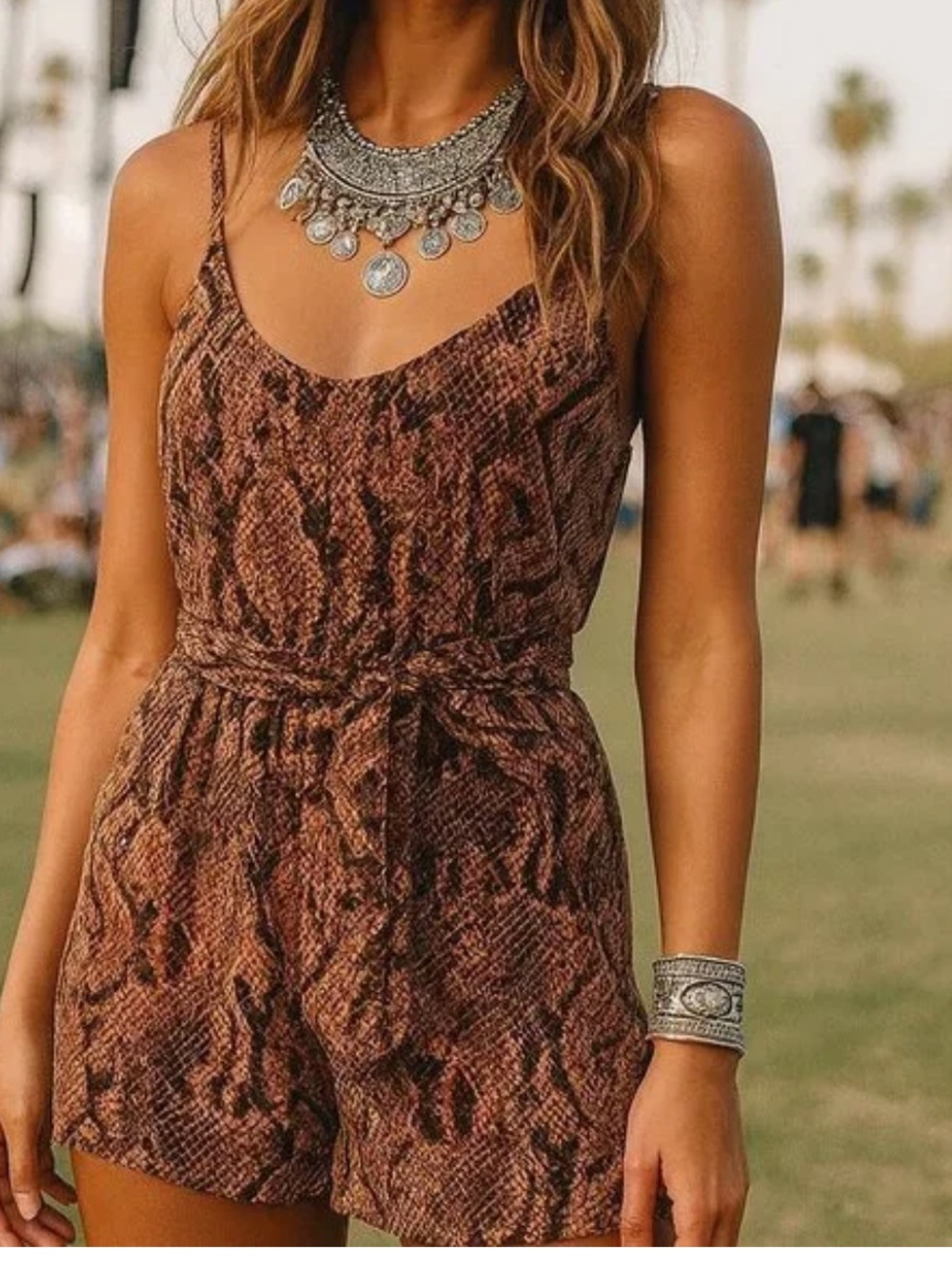 NWOT Express Brown Snake-Print Spaghetti-Strap Romper with Belted Waist